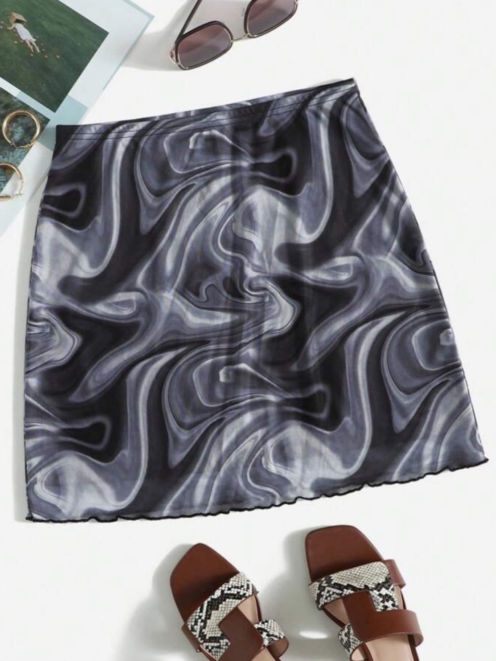 SHEIN Marble Print w/ Lettuce Trim Skirt